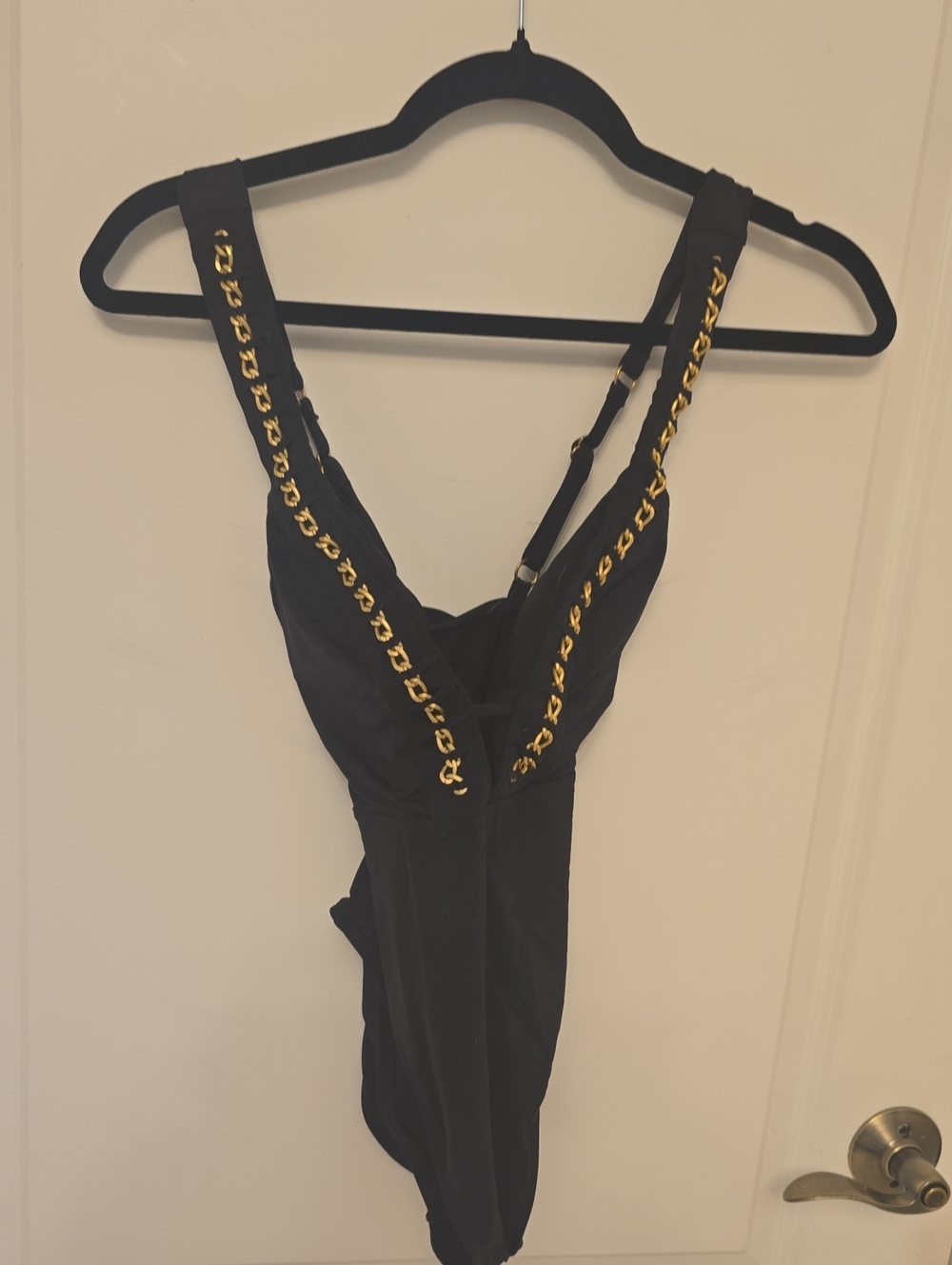 Kenneth Cole New York Black One-Piece Swimsuit with Gold Chain Trim